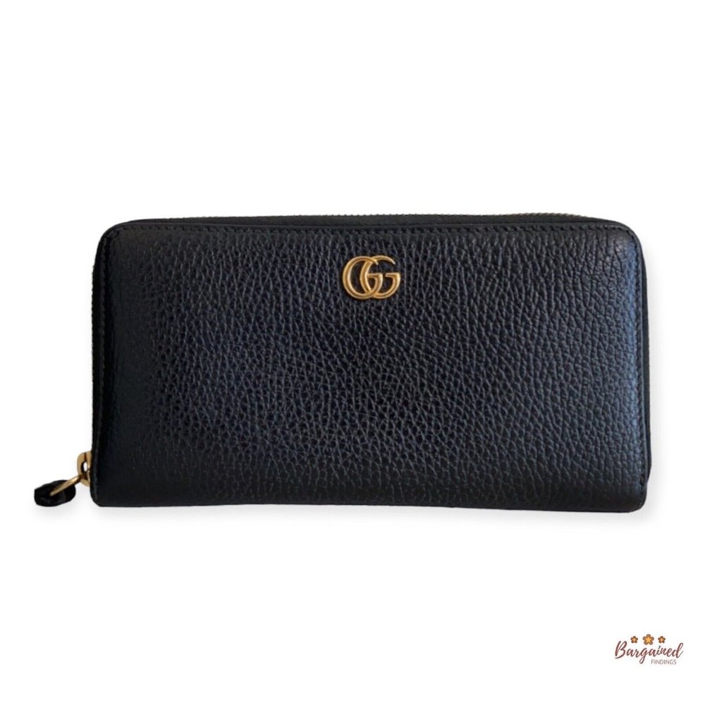 Authentic GUCCI Black Pebbled Leather Double G Metal Zip Around Long Wallet
